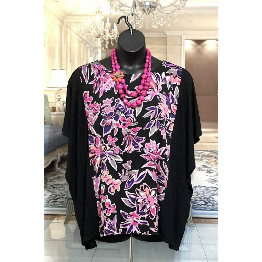 Bob Mackie 2X Wearable Art Blouse Womens Black Floral Dolman Sleeve Tunic Top